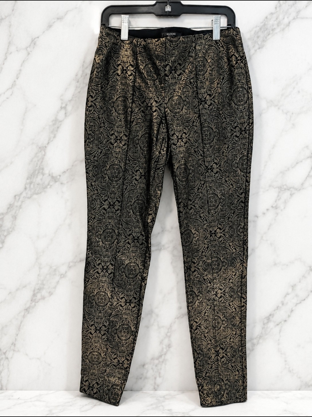 Alfani Petite 4P Black Gold Metallic Brocade Jacquard Ankle Pants Career Party